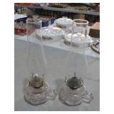 PAIR VTG GLASS FINGER OIL LAMPS W/ STACKS