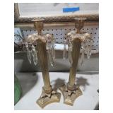 PAIR OF ORNATE BRASS CANDLE STANDS /GLASS PRISMS