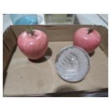 2 MARBLE APPLES & GLASS PAPER WEIGHTS