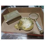 BRASS SHELL TRAY , MOP TRINKET BOX, MAGNIFIER