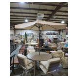 OUTDOOR PATIO TBL W/(4)CHAIRS,UMBRELLA,STAND &