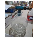 CRACKLE GLASS DECANTER W/ BLUE STOPPER