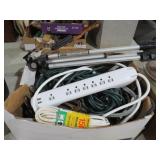 BOX OF EXTENSION CORDS AND TRI POD