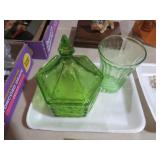 VTG GREEN CANDY DISH W/ LID & TUMBLER