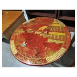 INLAID PEDESTAL TILT TOP TABLE W/ ORIENTAL CARVING
