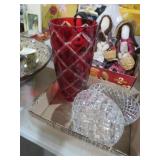 RED CUT TO CLEAR VASE & EGG LIDDED DISH