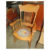 ANTIQUE OAK CARVED NEEDLEPOINT SEAT ROCKER