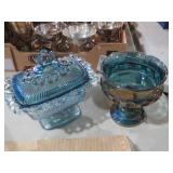 2 BLUE IRIDESCENT GLASS VINTAGE CANDY DISHES