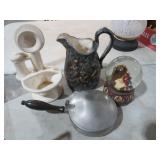 PEWTER CRUMB CATCHER, CERAMIC PLANTER PITCHER & MI