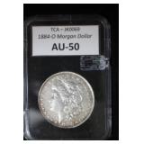 1884 O MORGAN SILVER DOLLAR 90% GRADED AU 50