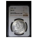 1884 P MORGAN SILVER DOLLAR 90% GRADED NGC MS 63