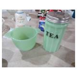 JADEITE TEA BAG CONTAINER & FIRE KING CREAMER