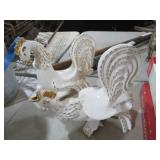 PAIR OF VIN MC WHITE ROOSTER FIGURINES