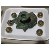 IRON CANDLE HOLDER AND 6 BRASS BOXES