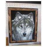 FRAMED PAINTING ON VELVET OF WOLF