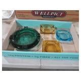 MCM EMERALD GREEN, AQUAMARINE & 2 AMBER ASHTRAYS