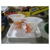 2 VTG AKRO AGATE ORANGE,WHITE STAG GLASS LILY VASE
