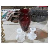 ANCHOR HOCKING LARGE RUBY VASE, FINGER CANDLES