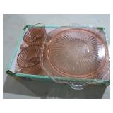 VTG PINK DEPRESSION GLASS CREAMER & SUGAR,CAKE PLA
