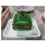 VTG EMERALD GREEN RIBBED GOLD TRIM SUGAR BOWL