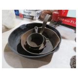COLL OF CAST IRON SKILLETS AND STRAINER