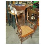 ANTIQUE SPINDLE BACK WOVEN SEAT HAS MEDALLLIONS