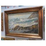 GOLD ORNATE FRAMED PAINTING ON CANVAS OCEAN SCENE