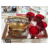 RUBY RED GLASSES, HANDPAINTED BOWLS, PLATES