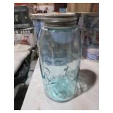 ROOT MASON JAR 1/2 GALLON BLUE JAR,BUBBLES IN GLAS