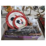 COLL OF ROOSTER PLATES, TEAPOT, KNIVES,, MISC