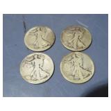 4 WALKING LIBERTY 90% SILVER DATES WORN