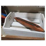 WOOD CRATE WITH HANDLES AND OLD LOOM SHUTTLE