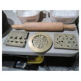 BRASS TRIVETS AND WOOD ROLLING PI N