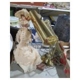 BRASS TABLE LAMP WITH A VICTORIAN PEDISTAL DOLL
