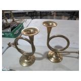 9" SOLID BRASS FRENCH HORN CANDLE STICKS