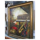 GOLD ORNATE FRAMED OIL ON CANVAS MUSICAL INSTRUMEN