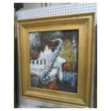 GOLD ORNATE FRAMED OIL PAINTING OF SAXOPHONE