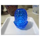 BLUE SIGNED FENTON,,HOBNAIL FAIRY LAMP
