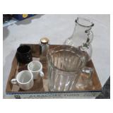 CLEAR GLASS PITCHERS, VINEGAR JAR, MISC