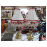 PAIR OF BRASS BASES TABLE LAMP WITH FRINGED SHADES
