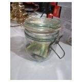 VTG GLASS JAR WITH TOKENS &  FOREIGN CURRANCY