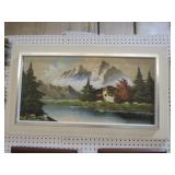 FRAMED CABIN BY THE LAKE PAINTING OIL ON BOARD