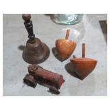 VTG CHILD WOOD SPINNERS, SCHOOL BELL,METAL TRACTOR