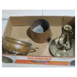 COLLECTION BRASS CANDLE STICK, KETTLE, PAN, MISC
