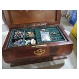 WOOD LIFT TOP JEWELRY BOX WITH ESTATE JEWELRY
