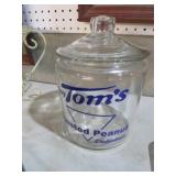VINTAGE TOMS GLASS STORE JAR WITH LID