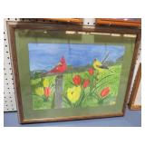FRAMED ARTIST SIGNED CARDINAL & BIRD PAINTING