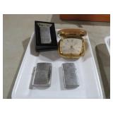 TRAVEL ALARM CLOCK, ZIPPO LIGHTER MISC