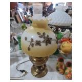 BRASS VASE, HURRICANE LAMP W/GLASS SHADE