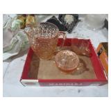 PINK DEPRESSION PITCHER,SUGAR DISH,CREAMER